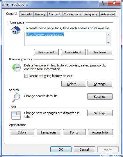 Internet Explorer internet options