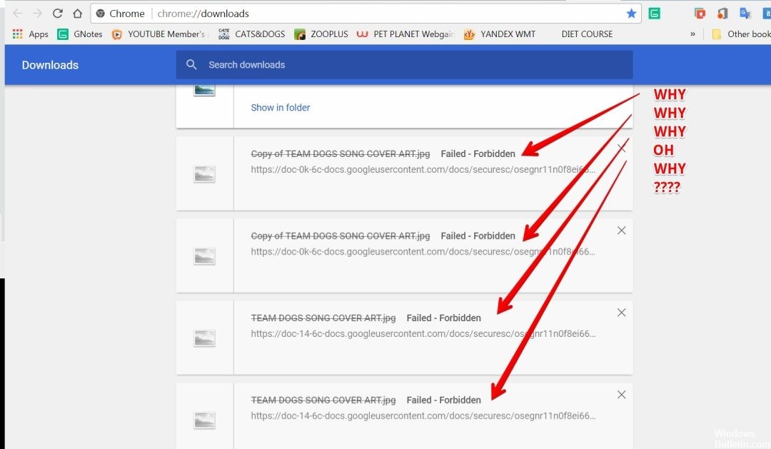 Google Drive download - Falha - Erro na rede e Falha - Proibido