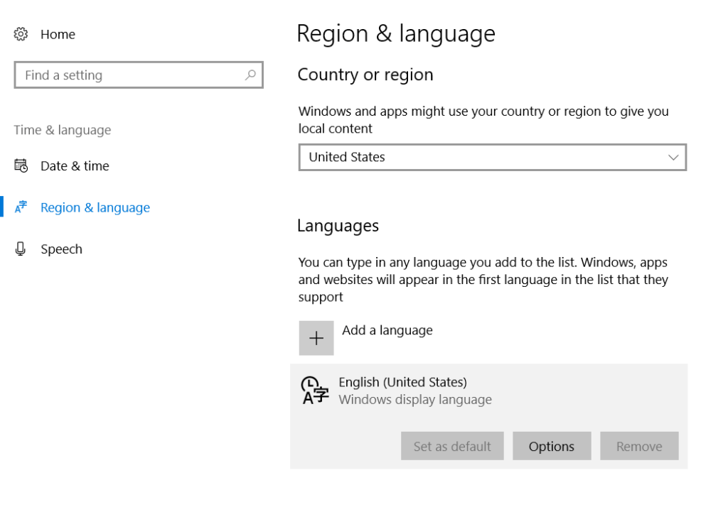 Region and language settings windows 10