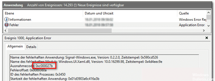 Codice di eccezione di arresto anomalo di Windows Store 0xc000027b