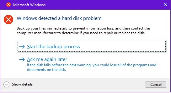 Windows обнаружила сообщение об ошибке HD