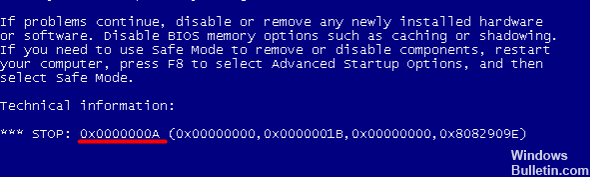 0x0000000a Blue Screen Error