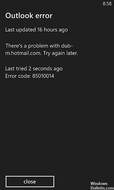 Erro do Outlook 85010014