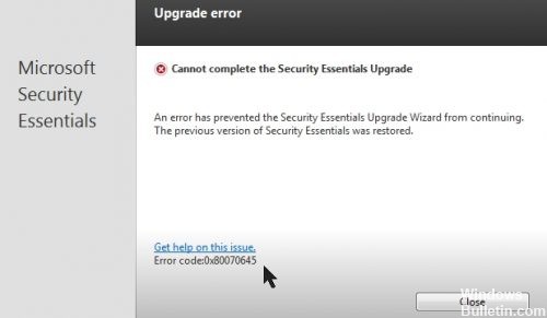 Microsoft Security Essentials Error 0x80070645