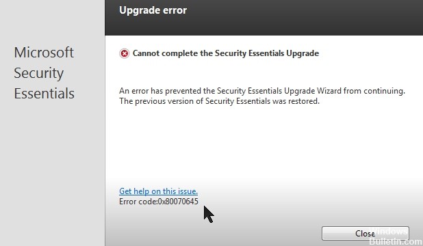 Eroare de securitate Microsoft Essentials 0x80070645