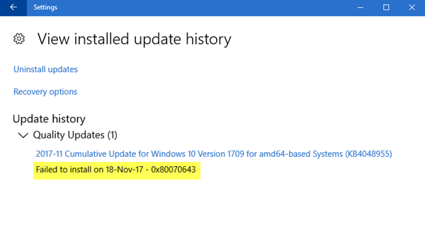 Windows的更新失败的安装的，0x80070643