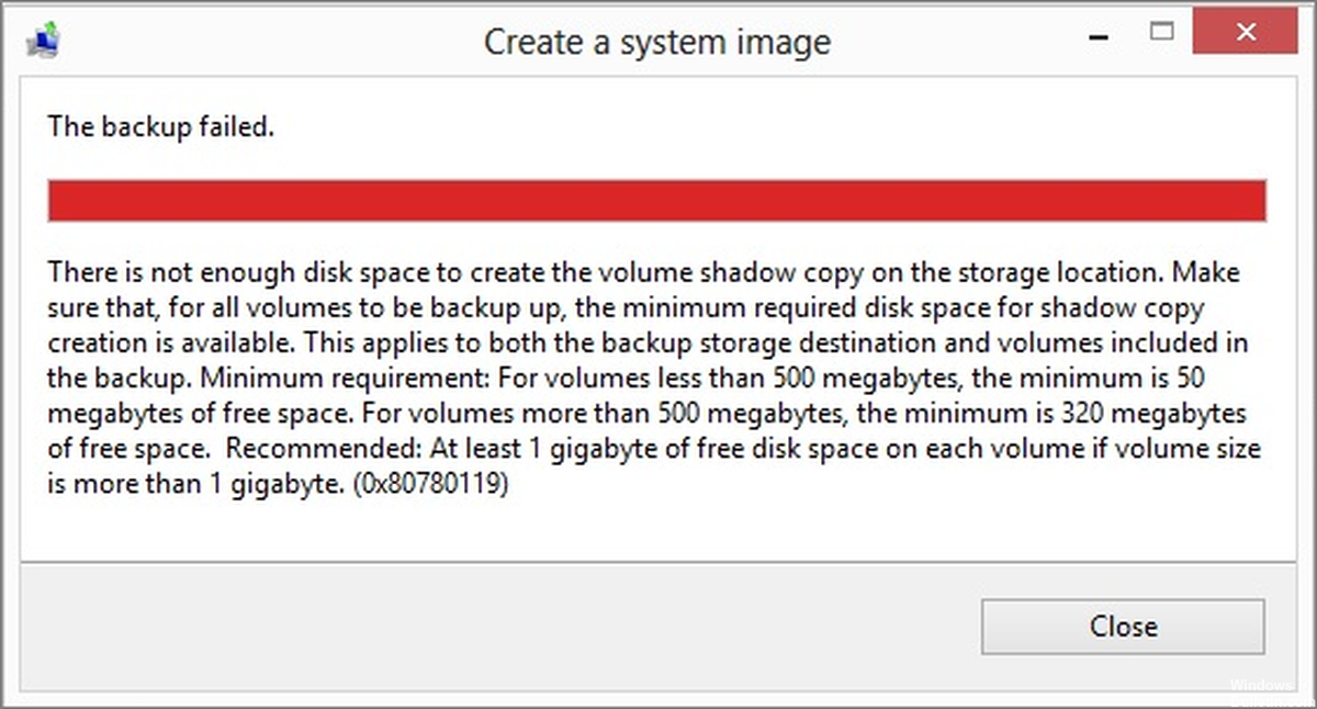 Disk space error 0x80780119
