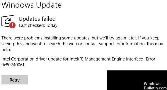 errore 0x80240061 durante l'installazione del driver Intel Management Engine Interface