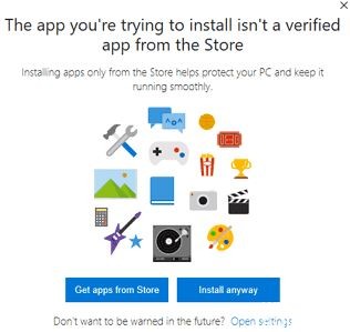 What causes the message "The application you are trying to install is not a verified Microsoft application"?