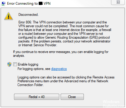How to troubleshoot VPN error 806 (GRE blocked) in Windows